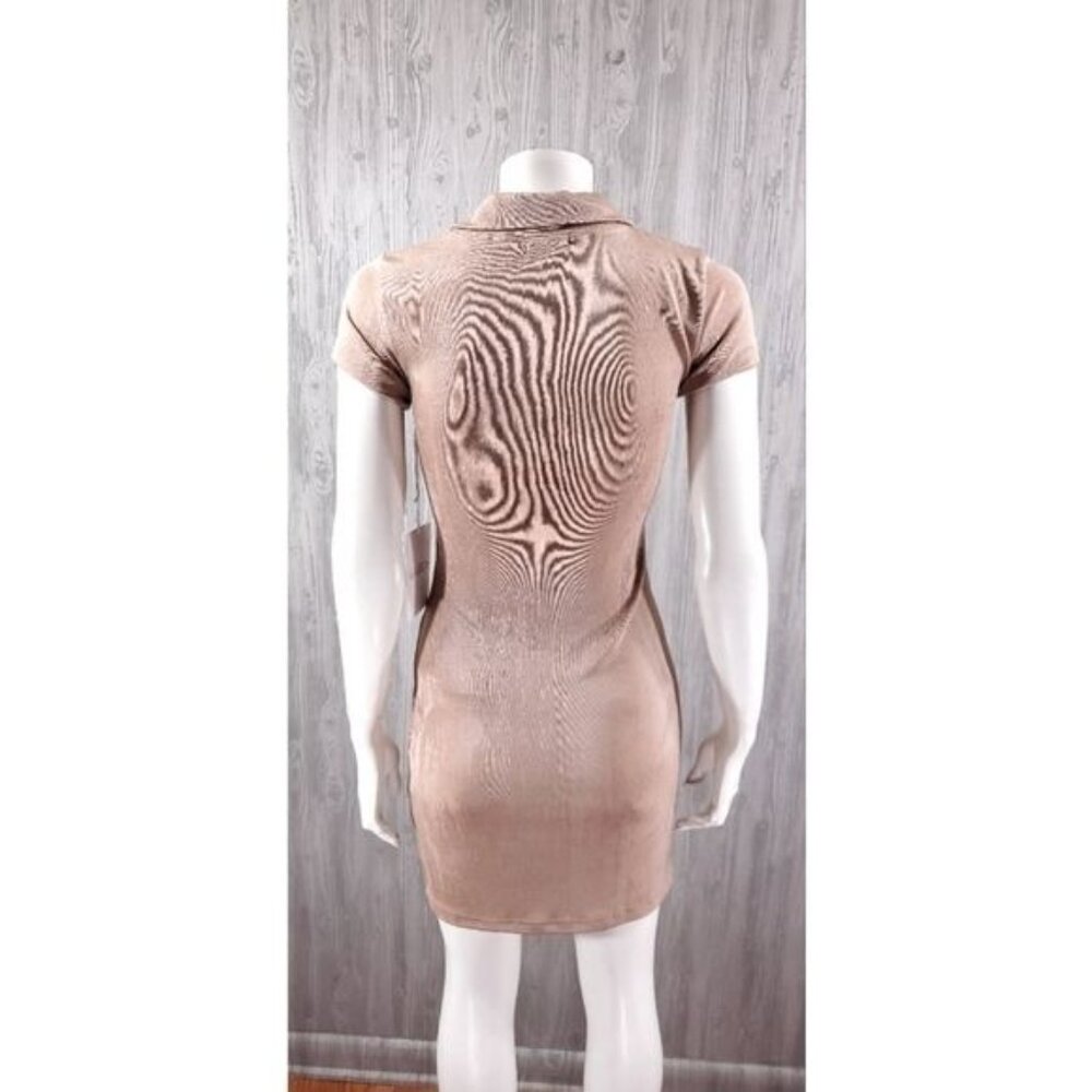 Ruched Slinky Andy Metallic Taupe Button Down Shirt Mini Dress With Jean - Picture 7 of 8